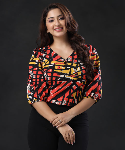 Half Sleeve Curved Vneck Orange Top