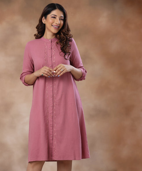 Front Buttoned Embroidered Shift Dress