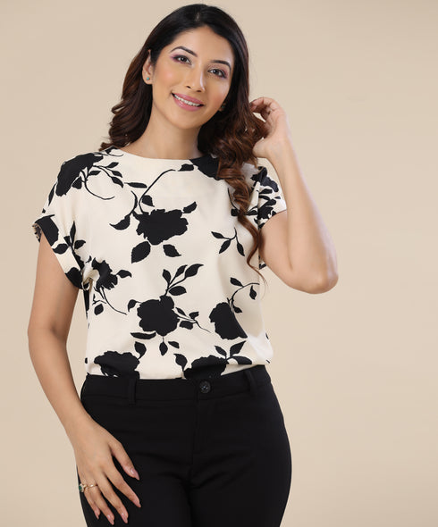 Rolled Cuff All-Over Print Cream Top