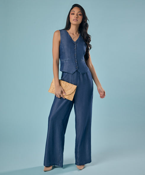 Flared Leg Washed Tencel Dark Blue Pant