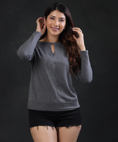 Long Sleeve Front Detailed Gray Tshirt