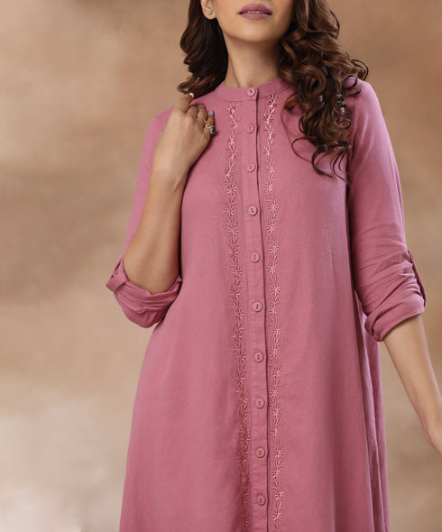 Front Buttoned Embroidered Shift Dress