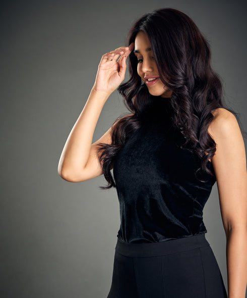 Sleeveless High Neck Black Velvet Top
