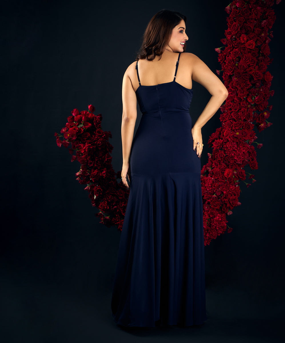 Women's Navy Blue Solid Fit and Flare Maxi Dress