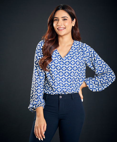 Lantern Sleeve Blue Printed Blouse