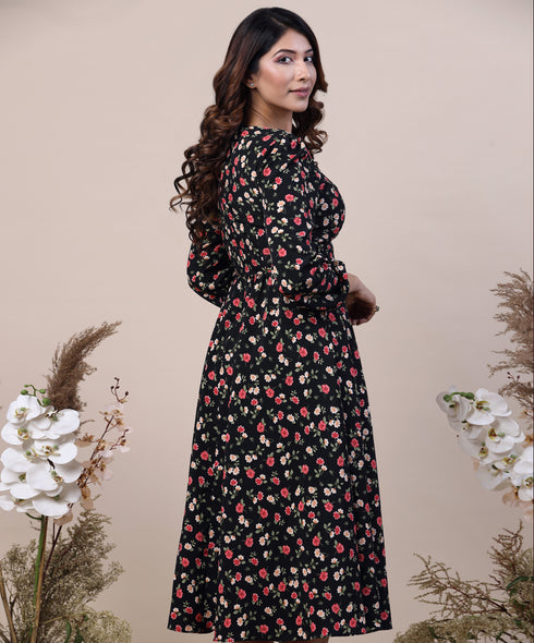 Long Sleeve Printed Gathered Bustier Dress