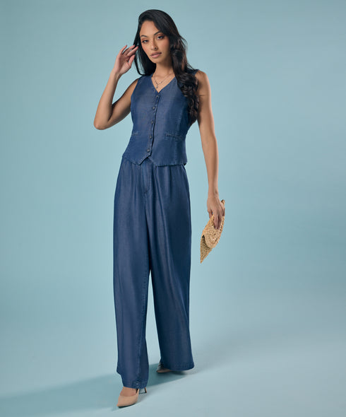 Flared Leg Washed Tencel Dark Blue Pant