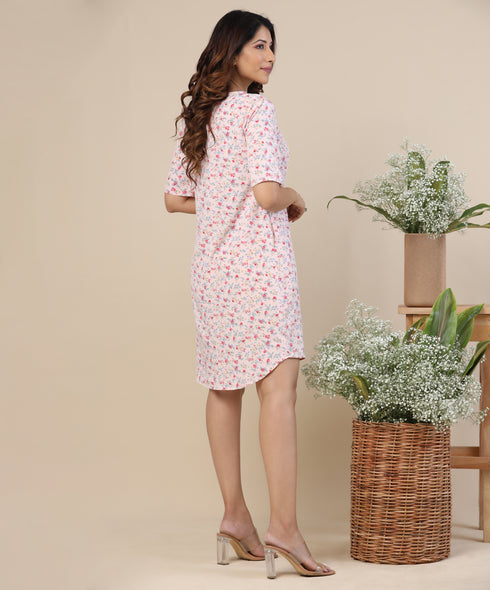 Loose Fitted Basic Printed Pink Dress