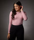 Long Sleeve Round Neck Rib Top- Salmon Pink
