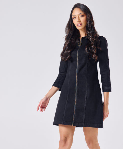 Black Denim Dress With A Front Zipper