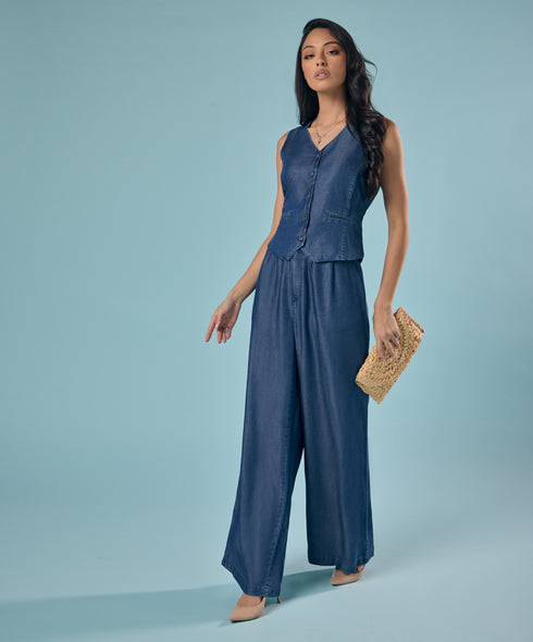 Flared Leg Washed Tencel Dark Blue Pant