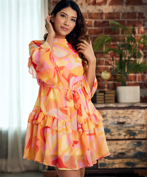 Floral Flared Sleeve Chiffon Printed Dress