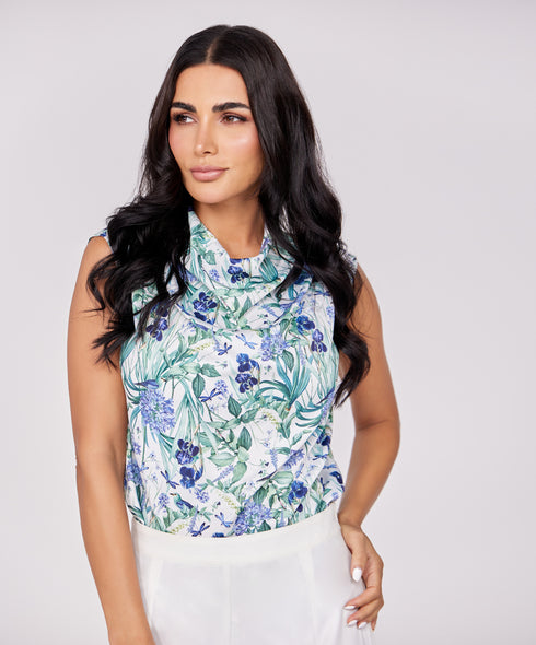 Floral Printed Cowl Neck Satin Top