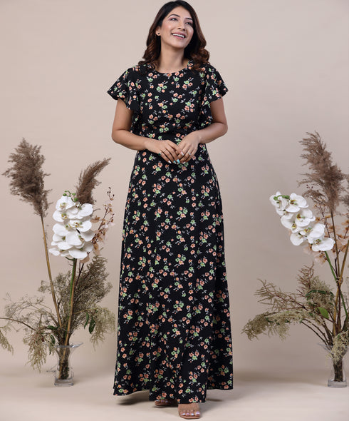 Floral Printed Flutter Sleeve Maxi Dress