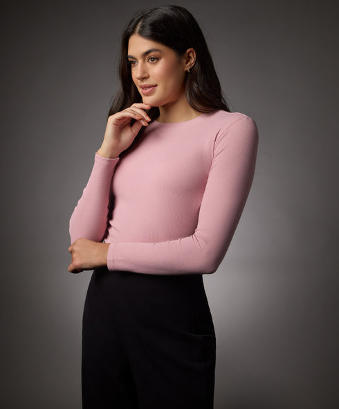 Long Sleeve Round Neck Rib Top- Salmon Pink