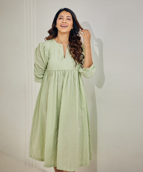 Vneck Gathered Sleeve Cotton Dress