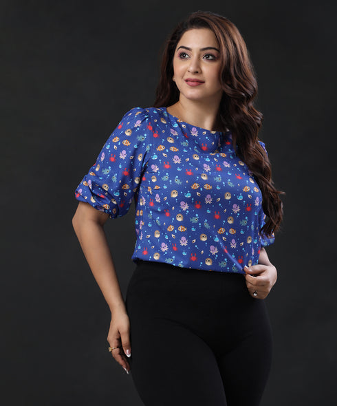 Half Sleeve Detailed Printed Blue Top