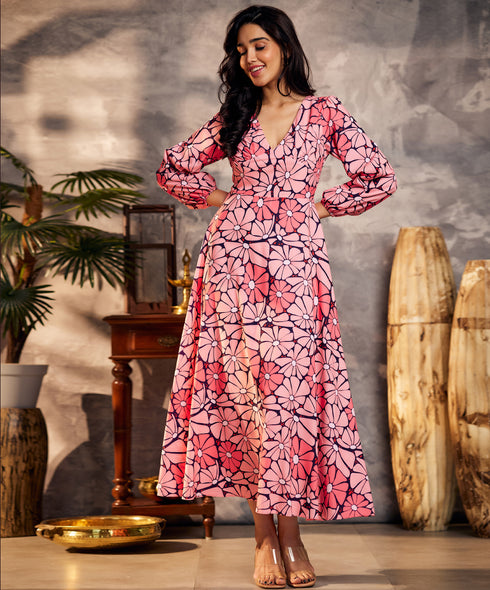 Floral Print Lantern Sleeve Pink Dress