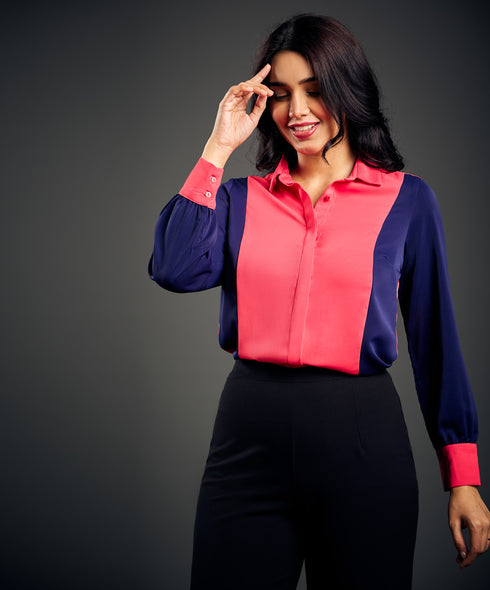 Panel Solid Chiffon Long Sleeve Shirt