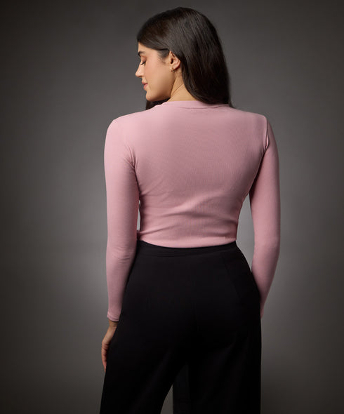 Long Sleeve Round Neck Rib Top- Salmon Pink