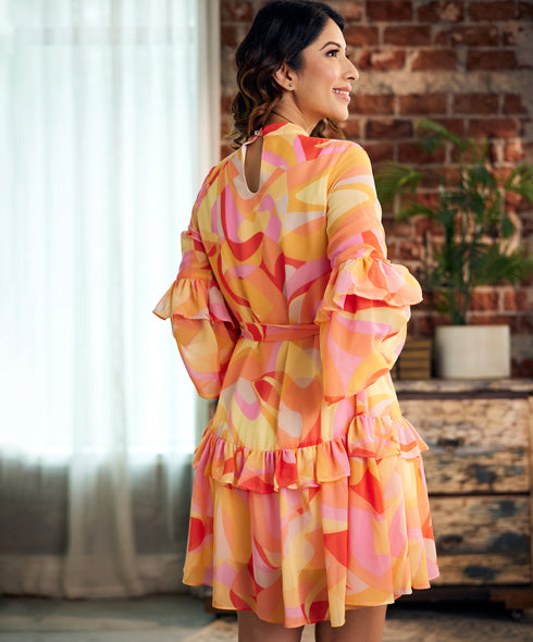 Floral Flared Sleeve Chiffon Printed Dress