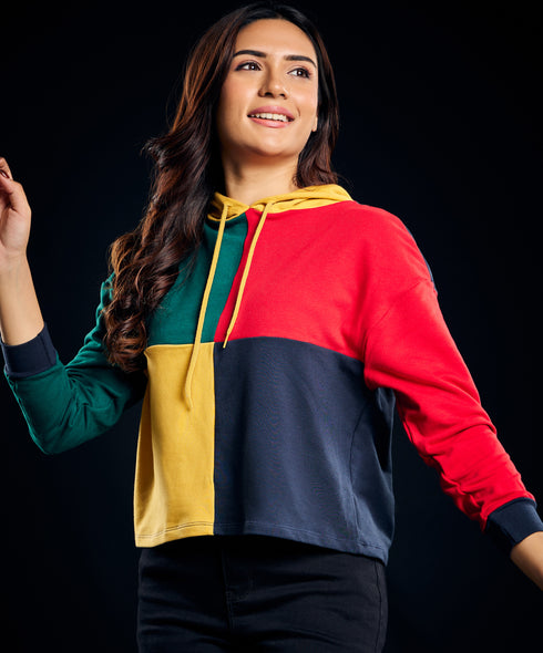 Square Panel Contrast Long Sleeve Hoodie