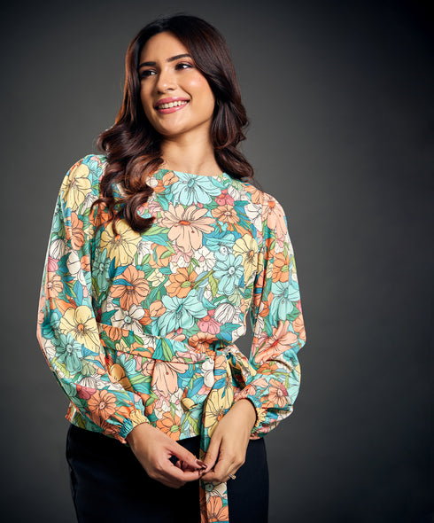 Waist Tie Long Sleeve Printed Top