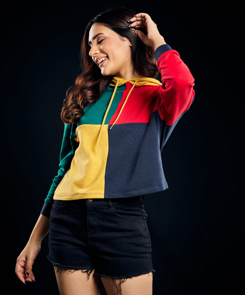 Square Panel Contrast Long Sleeve Hoodie