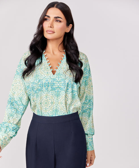 Loop Attached Green Printed Chiffon Top