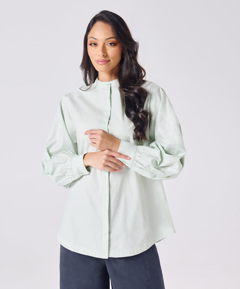 Mandarin Collar Cotton Oversized Shirt- Pastel Green