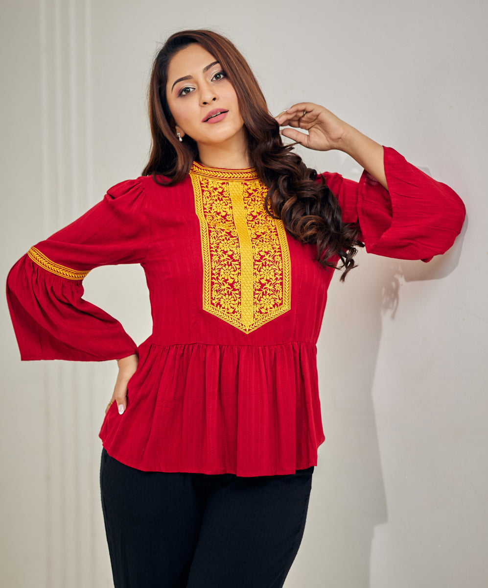 Black Rib Flouncy Sleeve with Tapestry Trim Top