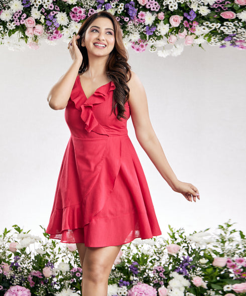 Frilled Deep Vneck Red Cotton Dress