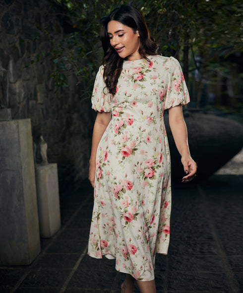 Balloon Sleeve Printed Midi Summer Dress