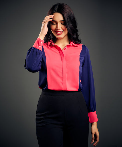 Panel Solid Chiffon Long Sleeve Shirt