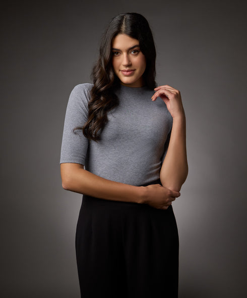 Short Sleeve High Neck Rib Top- Light Grey