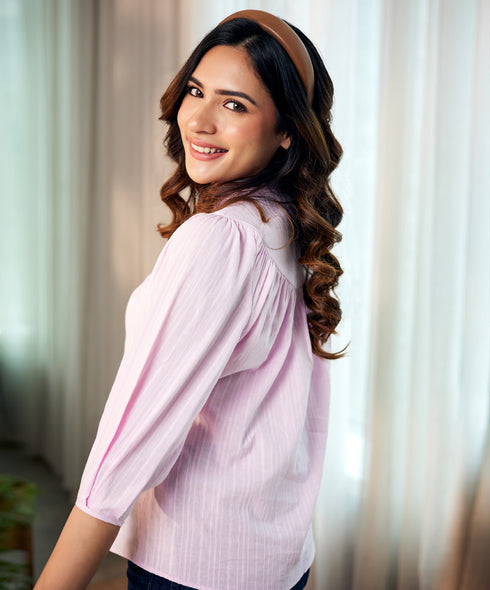 Textured Check Purple Cotton Blouse