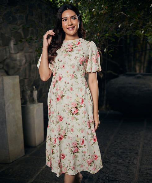 Balloon Sleeve Printed Midi Summer Dress