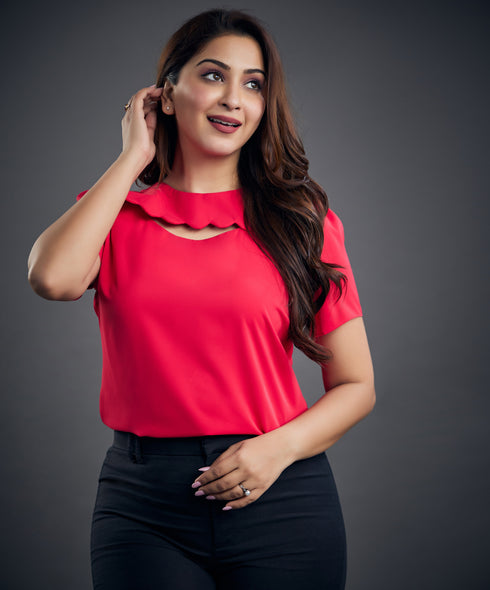 Detailed Scalloped Pink Chiffon Top