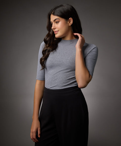 Short Sleeve High Neck Rib Top- Light Grey