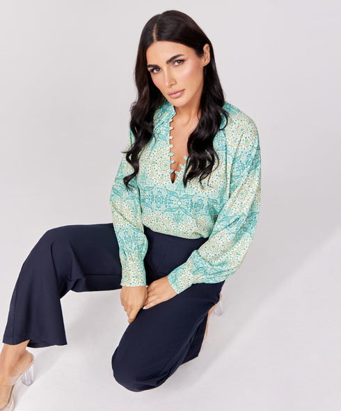 Loop Attached Green Printed Chiffon Top