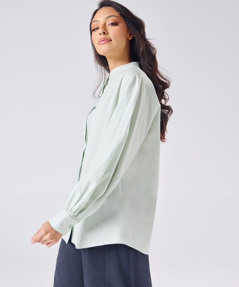 Mandarin Collar Cotton Oversized Shirt- Pastel Green