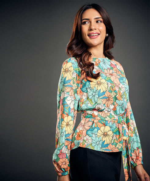 Waist Tie Long Sleeve Printed Top