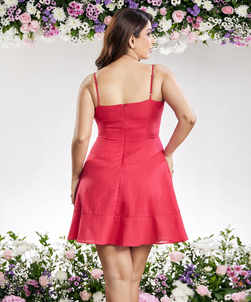 Frilled Deep Vneck Red Cotton Dress