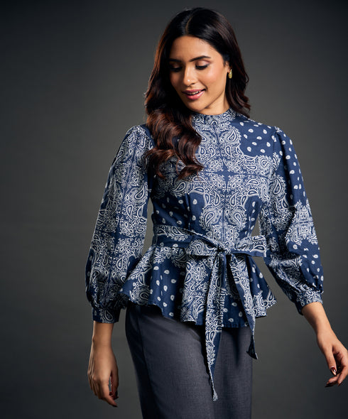Blue And White Printed Peplum Top