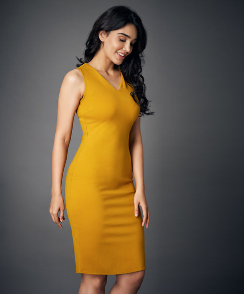 Vneck Sleeveless Bodycon Mustard Dress
