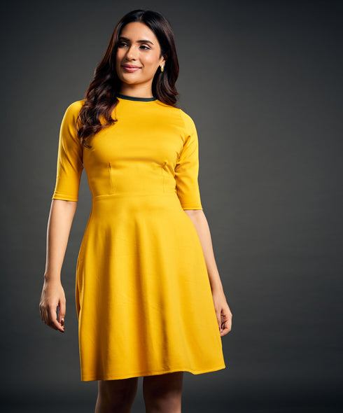 Neck Contrast A-line yellow Dress