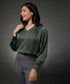Vneck Shoulder Pleated Green Top