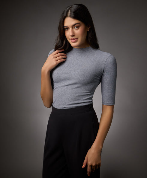 Short Sleeve High Neck Rib Top- Light Grey