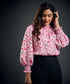 Neck Detailed Long Sleeve Pink Satin Smocked Top