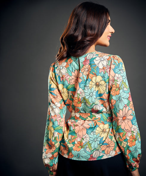 Waist Tie Long Sleeve Printed Top